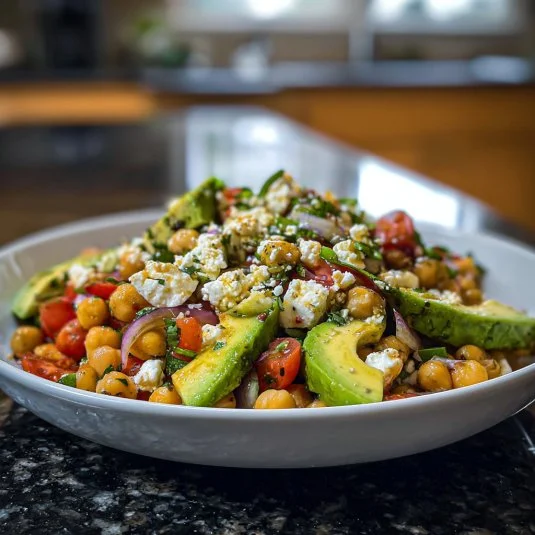 Chickpea Feta Avocado Salad with fresh ingredients in a colorful bowl