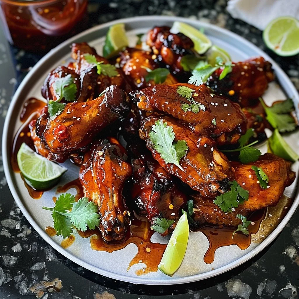 Delicious and spicy chipotle chicken wings plated with garnish