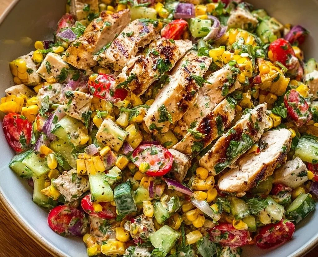 Delicious and fresh chopped chicken salad with mixed vegetables and dressing