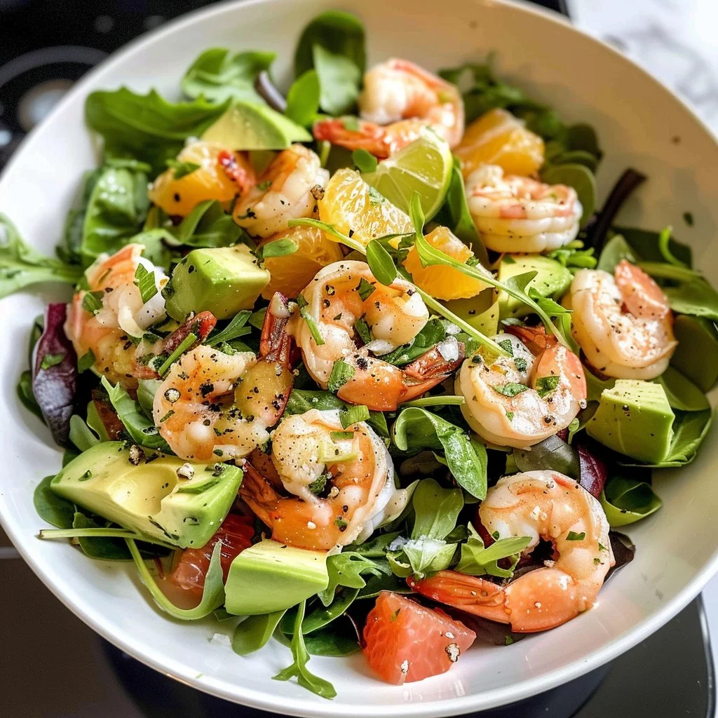 A vibrant Citrus Shrimp Salad with colorful vegetables and garnished citrus slices.