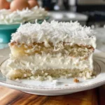 Delicious homemade coconut cake topped with shredded coconut and frosting