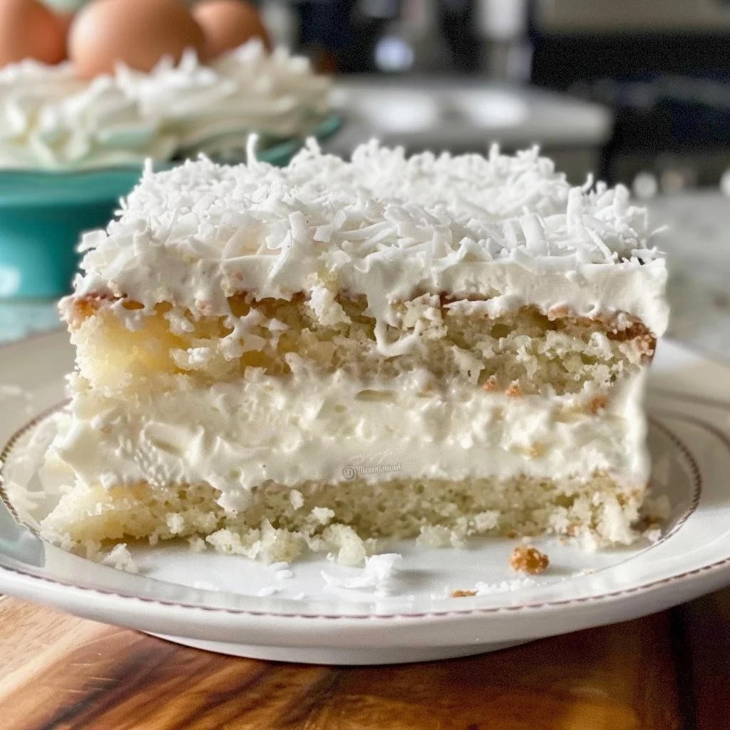 Delicious homemade coconut cake topped with shredded coconut and frosting