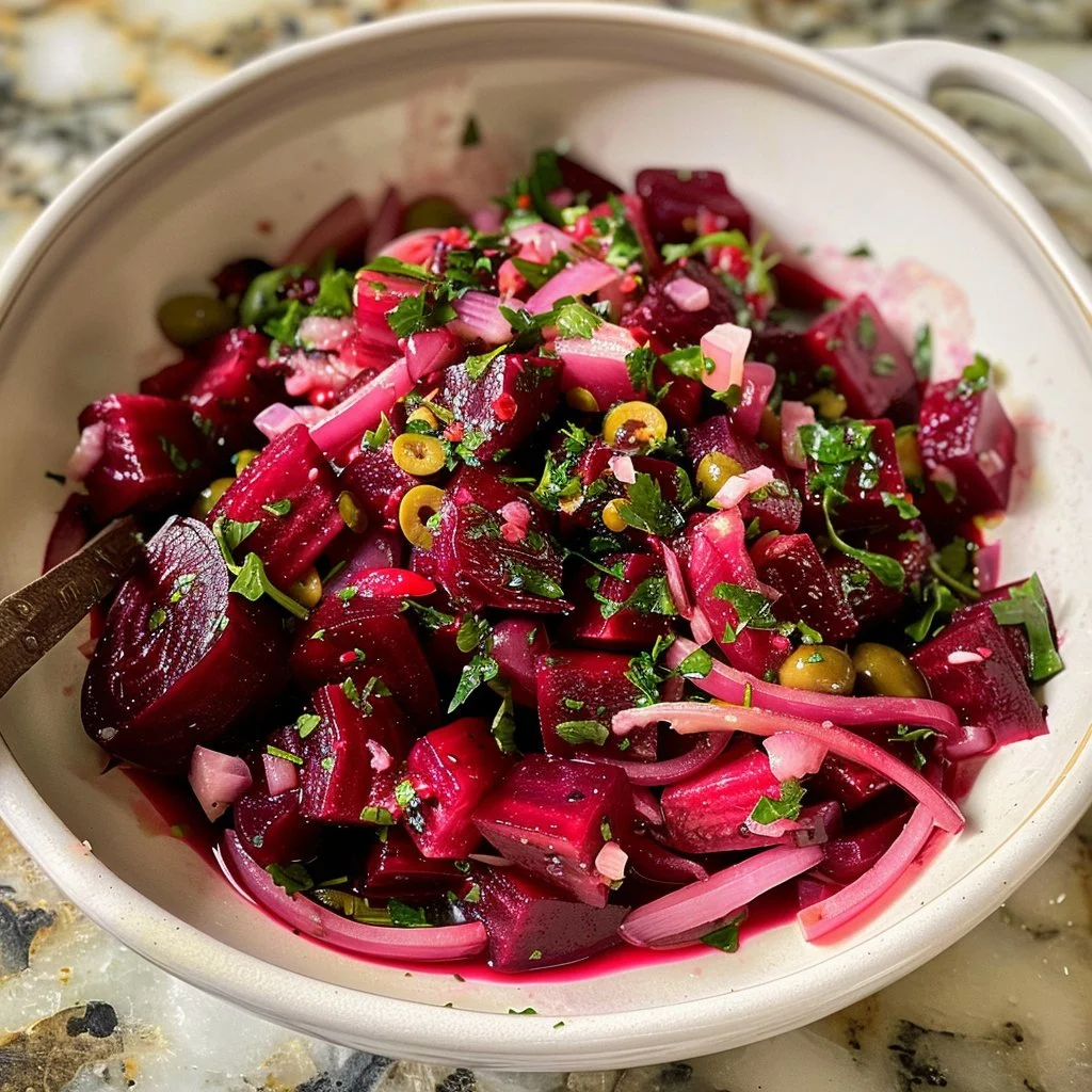 Colorful pickled onion and beet salad with fresh vegetables and a tangy dressing