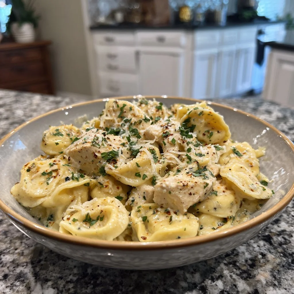 Delicious plate of cozy chicken alfredo tortellini topped with parsley.