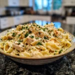 Plate of cozy garlic parmesan chicken pasta topped with herbs and cheese