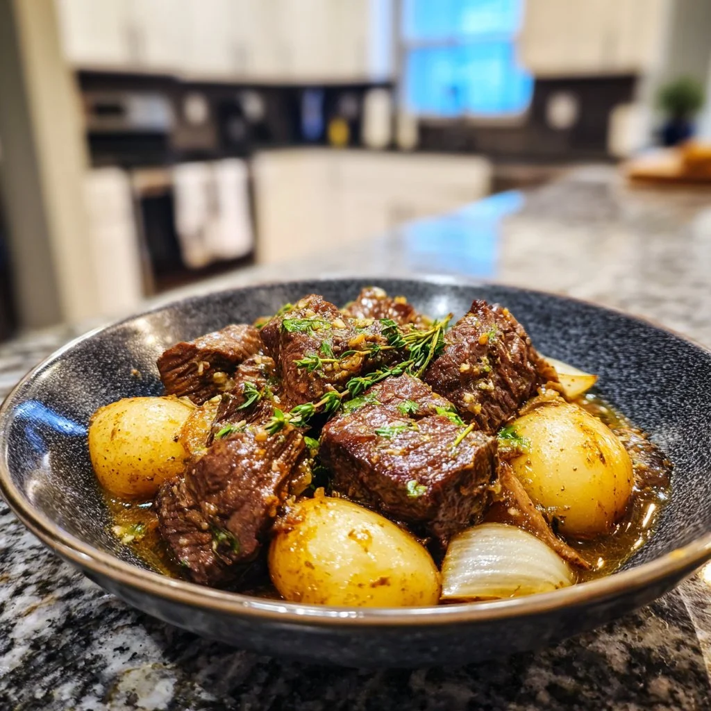 Delicious slow cooker garlic butter beef served with herbs