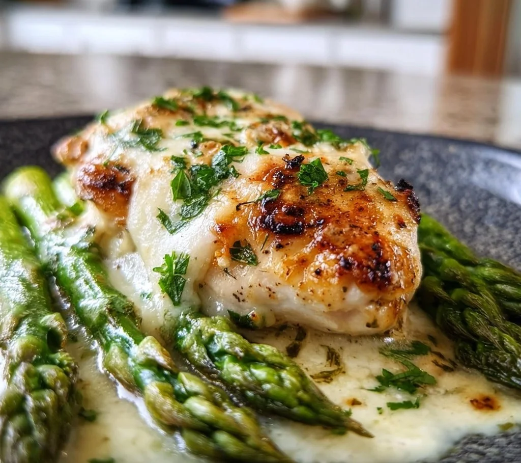 Creamy baked chicken served with asparagus, a delicious dinner recipe.