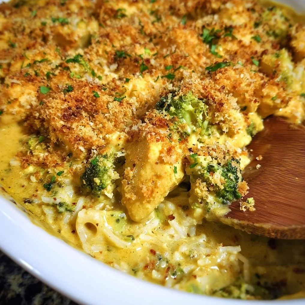 Creamy broccoli chicken curry casserole in a baking dish