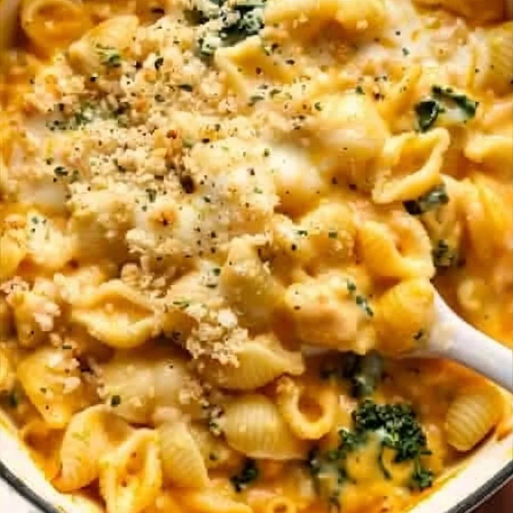 Creamy butternut squash mac and cheese in a bowl topped with breadcrumbs
