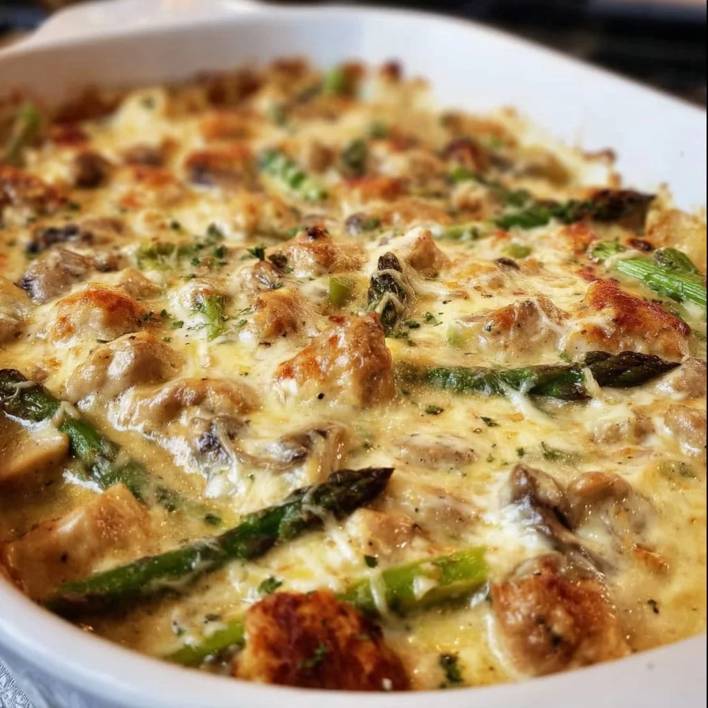 Creamy chicken bake recipe featuring tender chicken and fresh asparagus