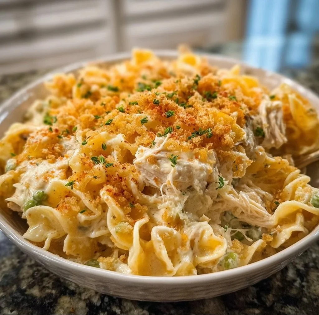 Creamy chicken noodle casserole baked with tender chicken and noodles