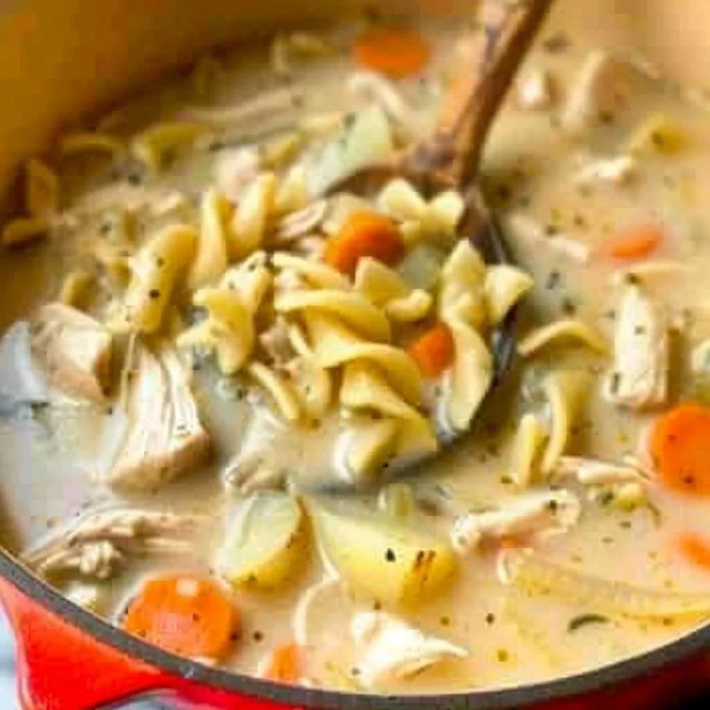 Bowl of creamy chicken noodle soup garnished with herbs
