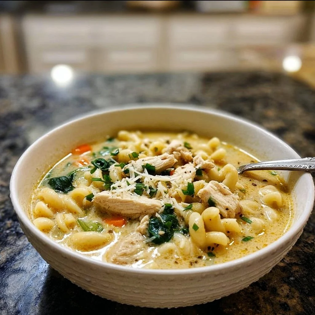 Bowl of creamy chicken pasta soup with fresh herbs and vegetables