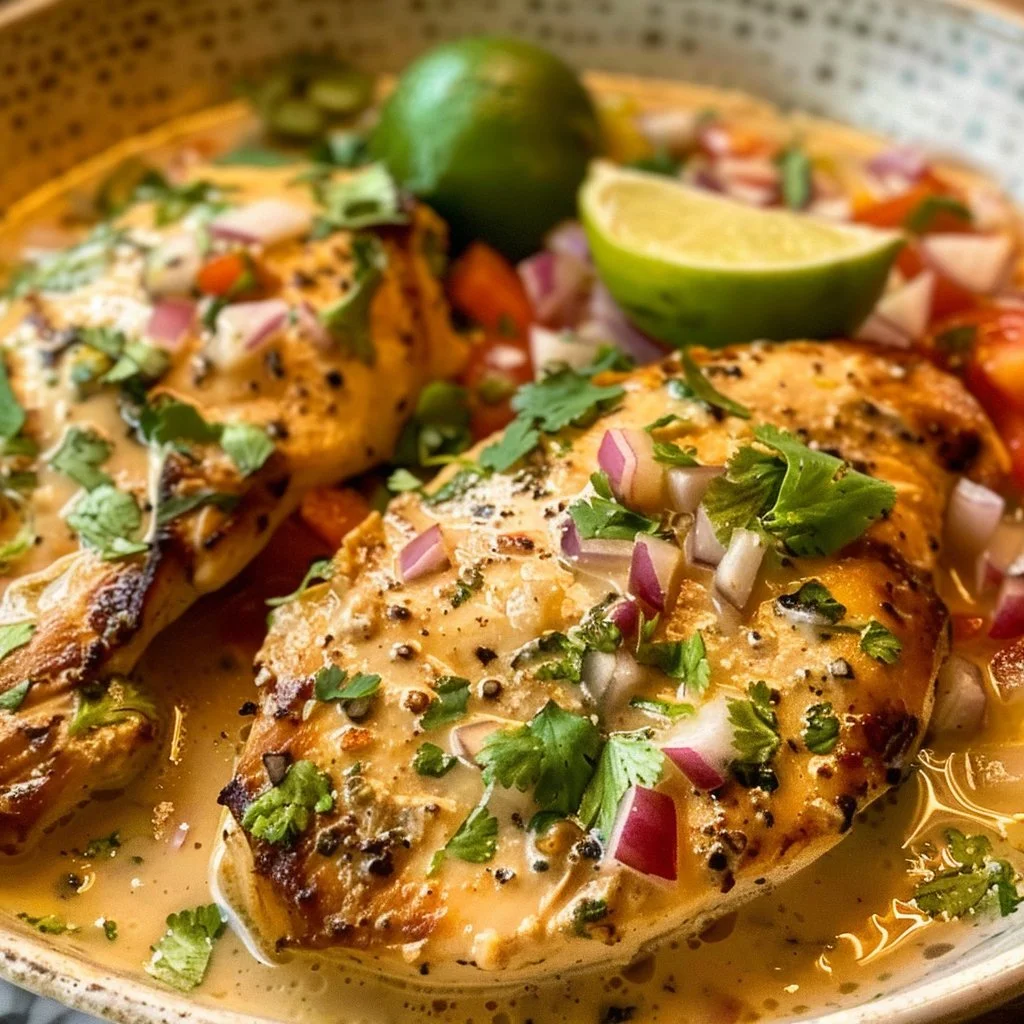 Creamy cilantro lime chicken served with fresh cilantro garnish