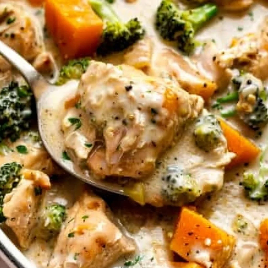 Creamy garlic chicken with mixed vegetables served on a plate