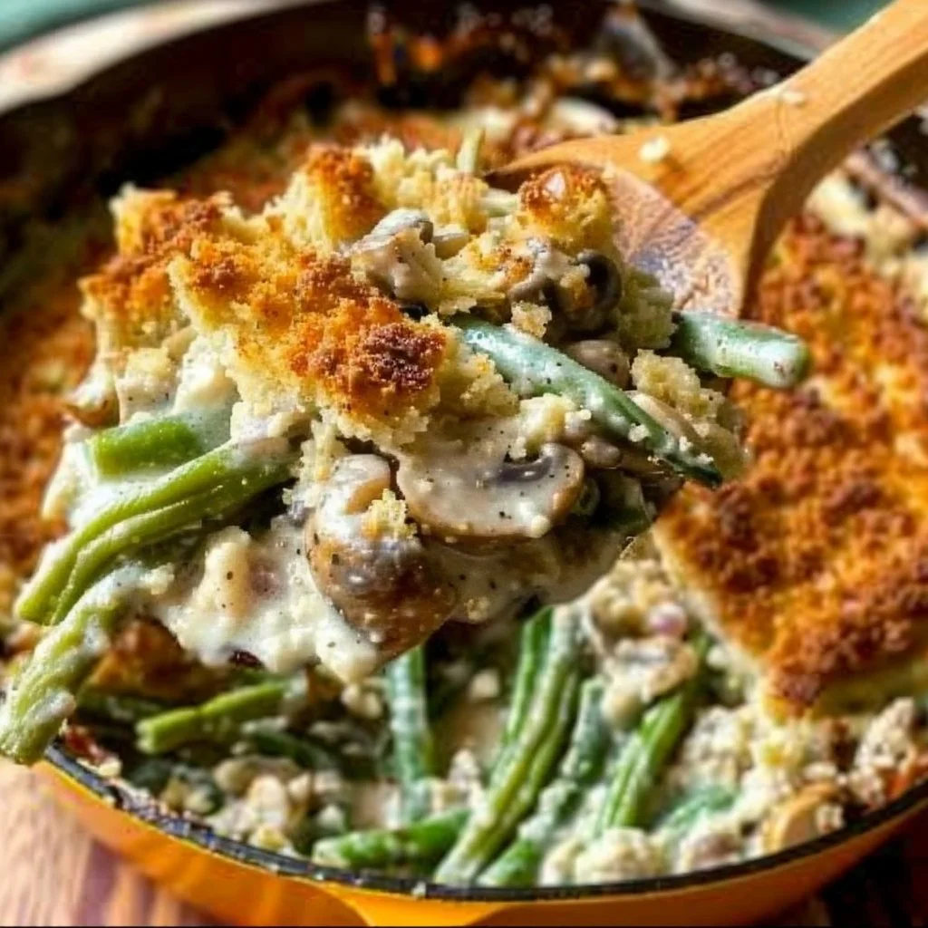Creamy homemade green bean casserole served in a baking dish