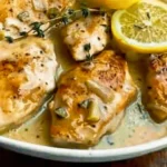 Creamy lemon thyme chicken dish garnished with fresh herbs on a plate.