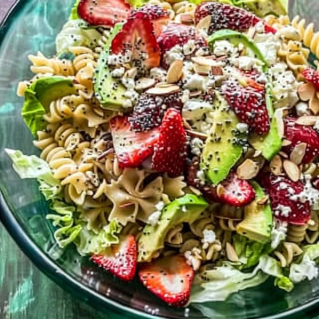 Creamy strawberry feta pasta salad in a bowl garnished with fresh strawberries.