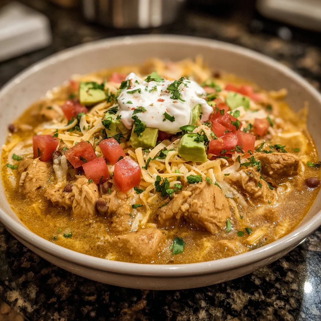 Bowl of creamy crockpot white chicken chili with toppings