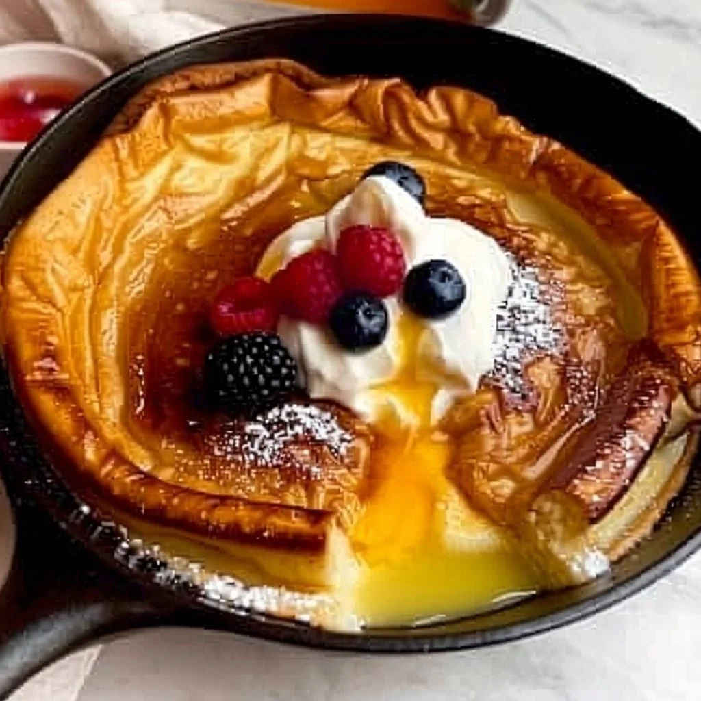 Fluffy Dutch Baby pancake topped with fresh fruits and powdered sugar.