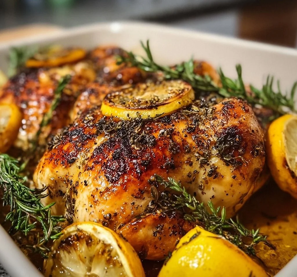 Easter herb-roasted lemon chicken garnished with fresh herbs