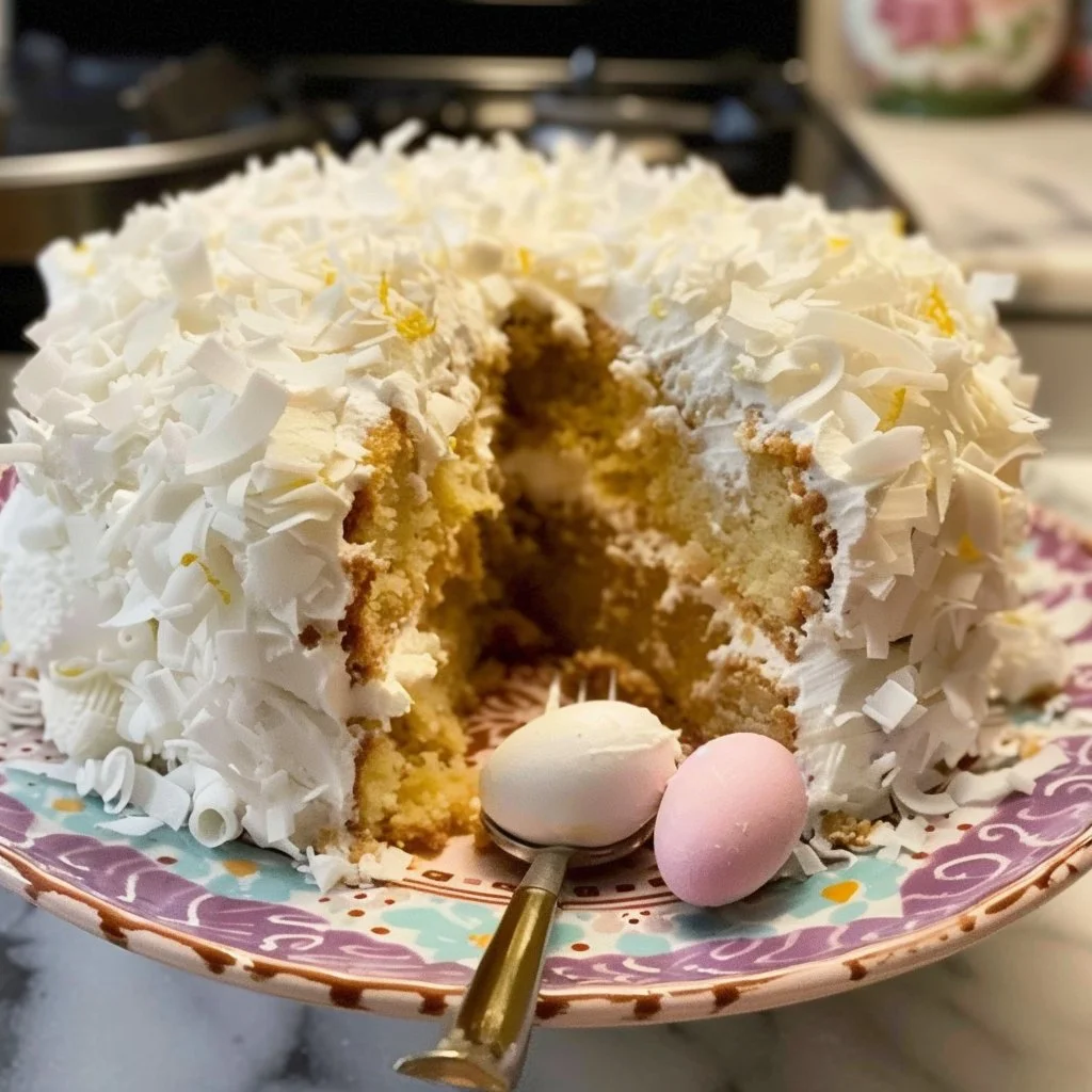 Easter Lemon Coconut Cake topped with fresh coconut and lemon zest.