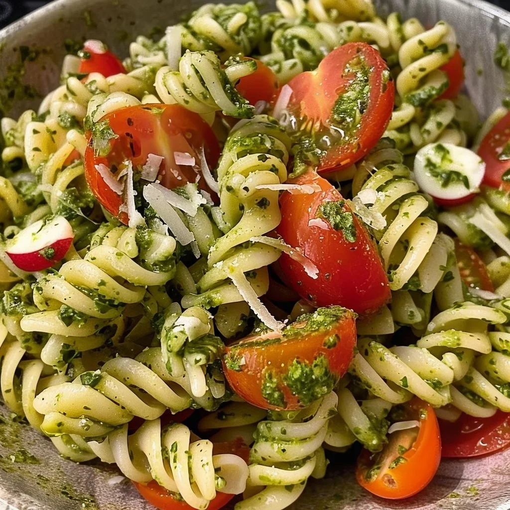Delicious easy pesto pasta salad with fresh ingredients