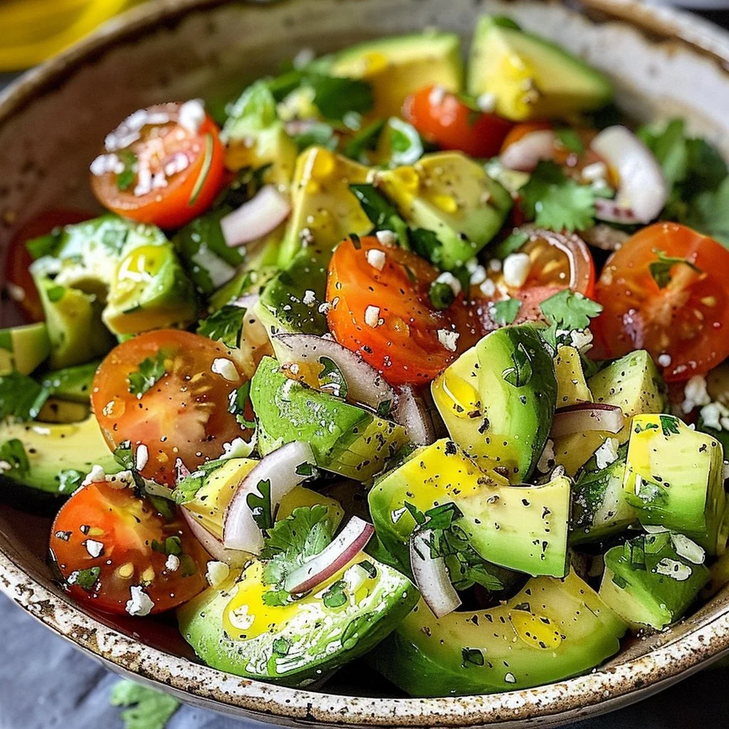 Bowl of exotic avocado salad with fresh vegetables and colorful toppings