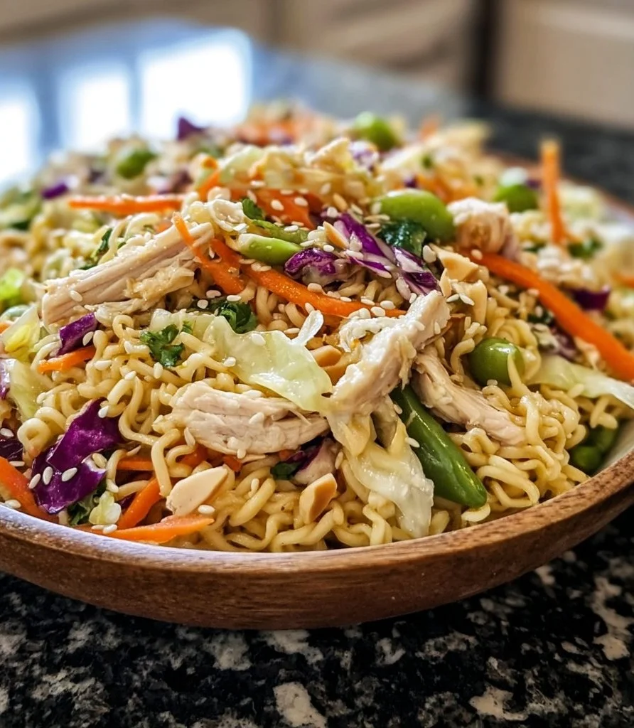 Fresh Asian ramen noodles chicken salad in a bowl with vibrant vegetables