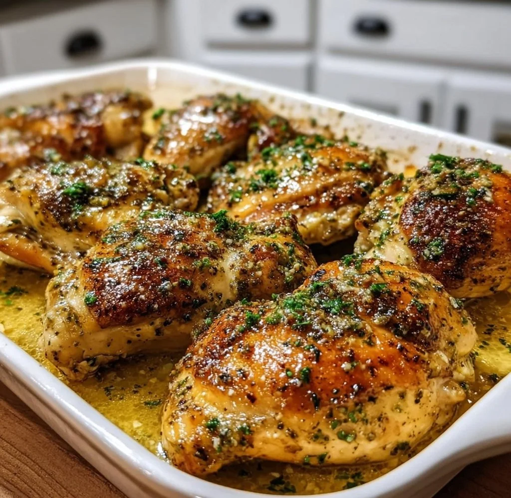 Delicious garlic butter baked chicken served with herbs and spices