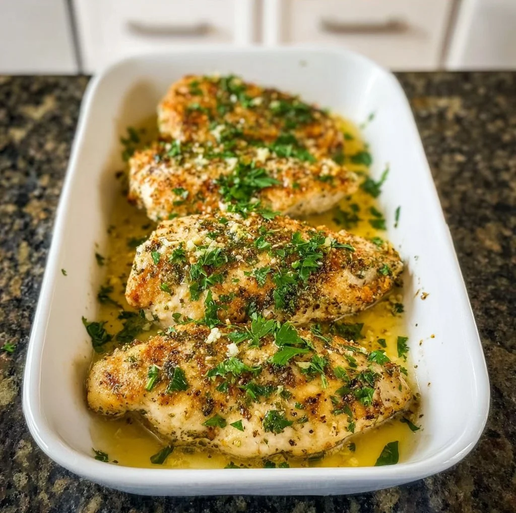 Garlic Chicken Cutlets garnished with herbs on a plate
