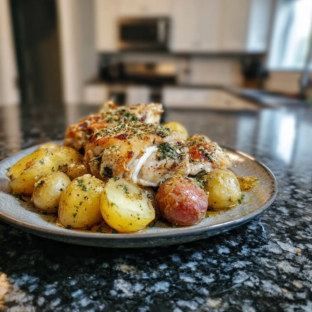 Delicious Garlic Parmesan Chicken and Potatoes cooked in a crockpot