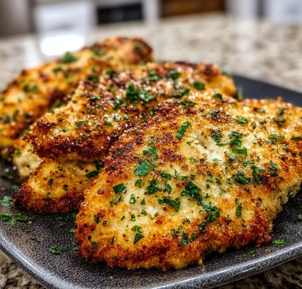 Crispy Garlic Parmesan Chicken Breasts with fresh herbs and melted cheese