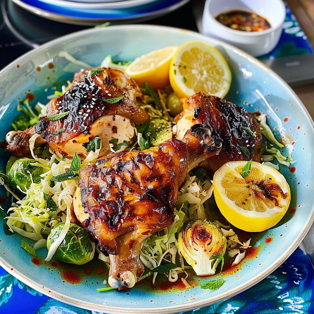 Delicious Garlic Roasted Chicken served with herbs and spices