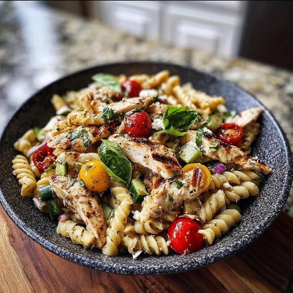 Grilled chicken pasta salad with balsamic vinaigrette in a bowl.