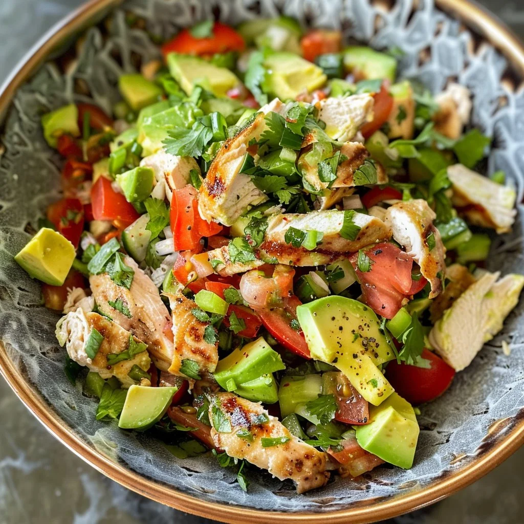 Healthy avocado chicken salad in a bowl with fresh ingredients