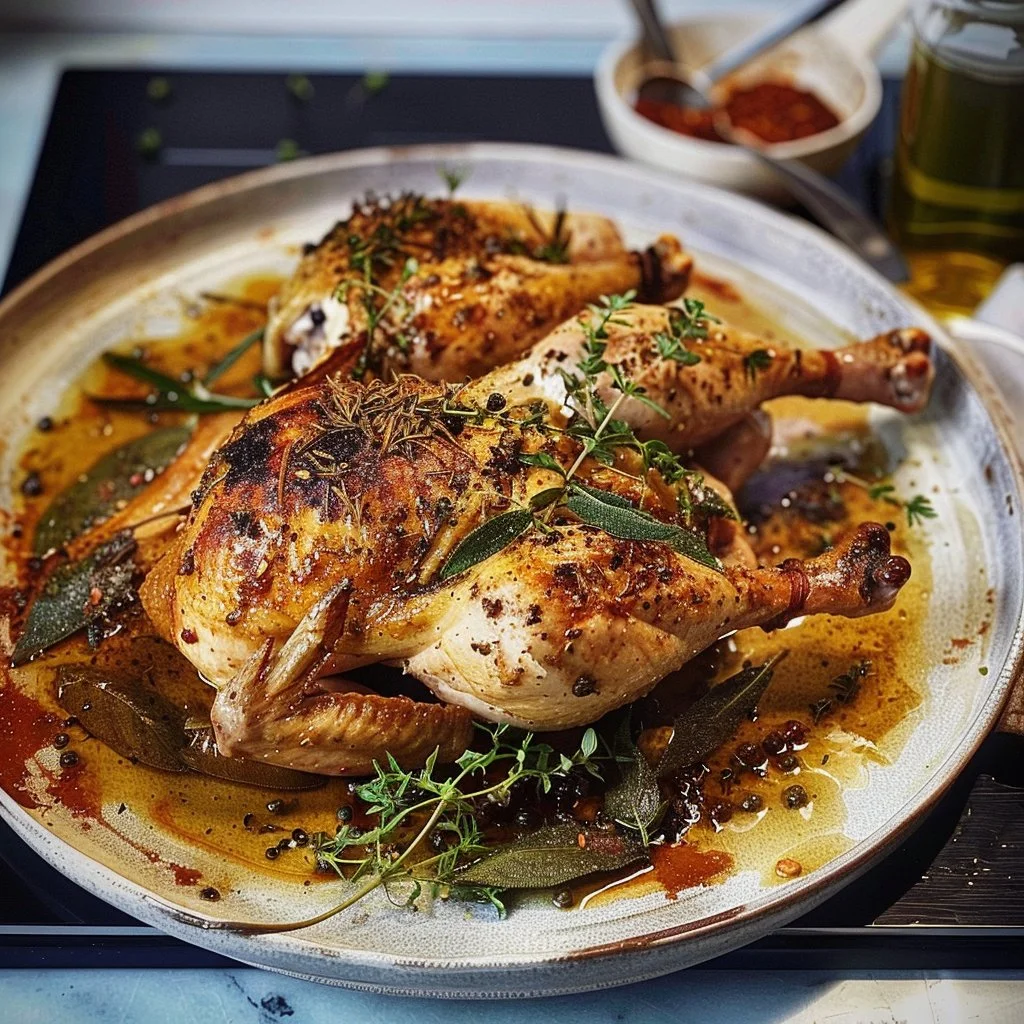 Herbed butterflied chicken seasoned with a blend of herbs and spices.