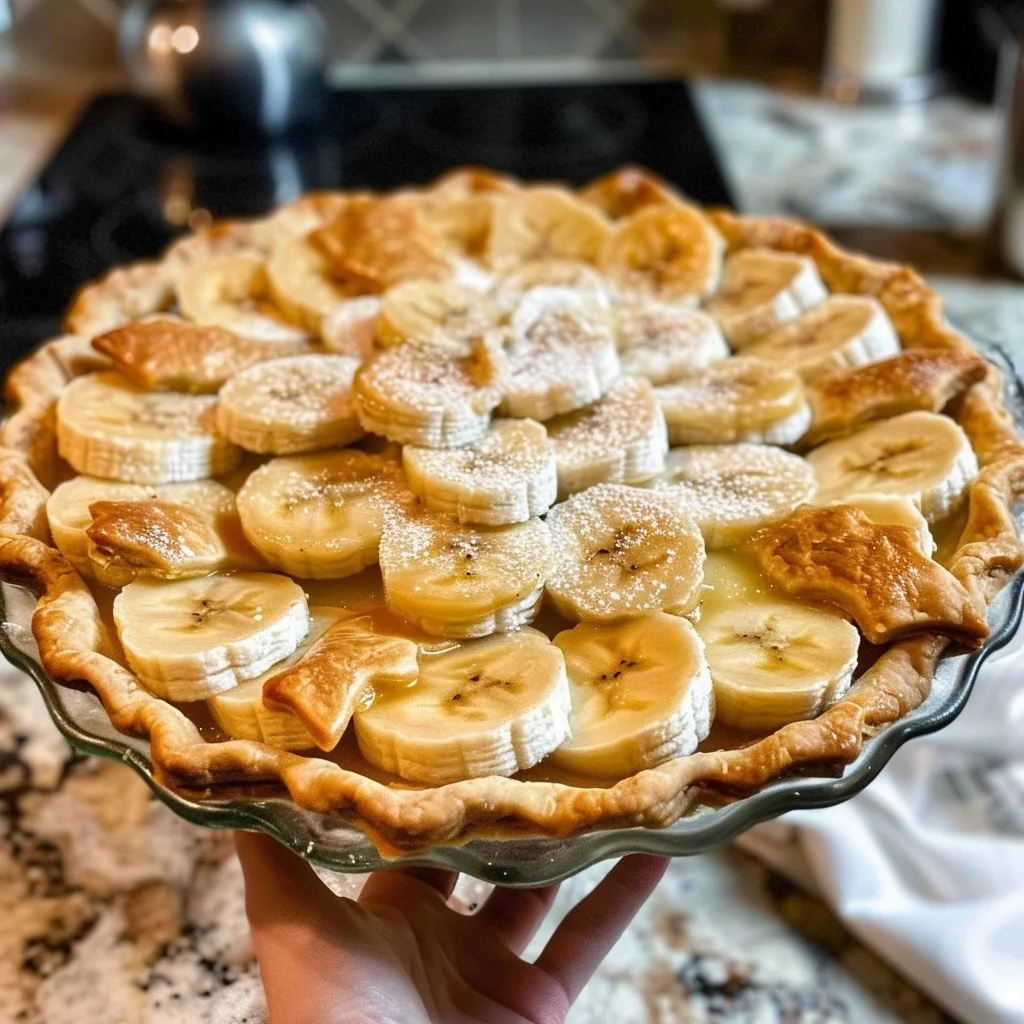 Delicious homemade banana cream pie topped with whipped cream and banana slices.