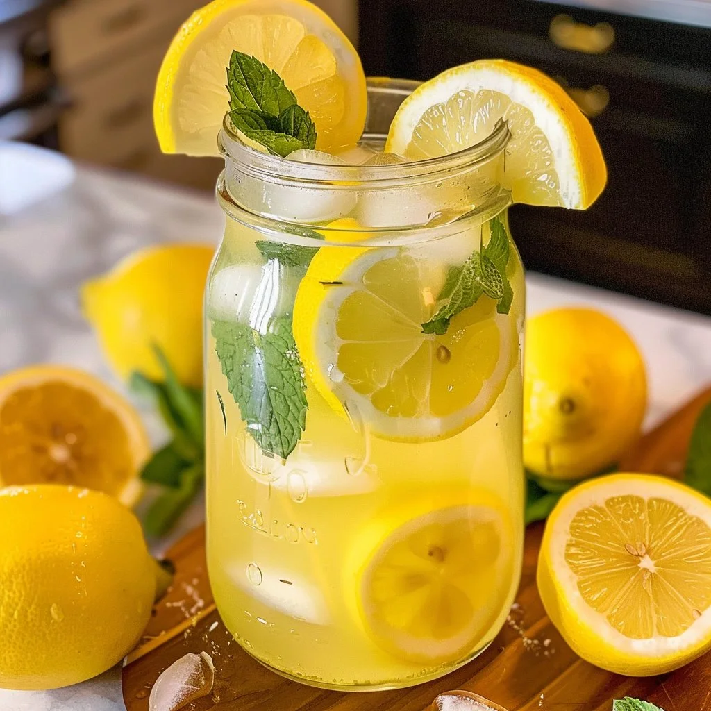 Glass of refreshing homemade lemonade with ice and lemon slices