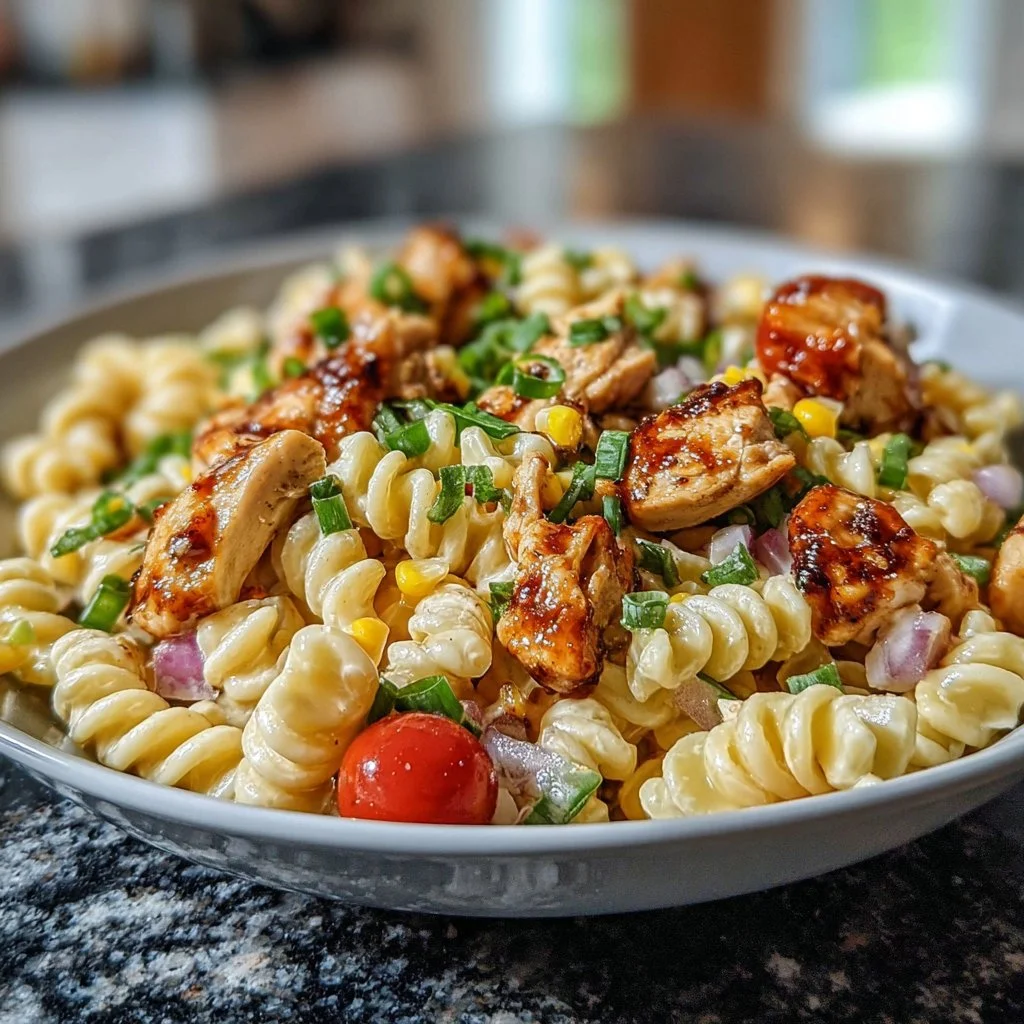 Delicious Honey BBQ Chicken Pasta Salad served in a bowl with fresh herbs