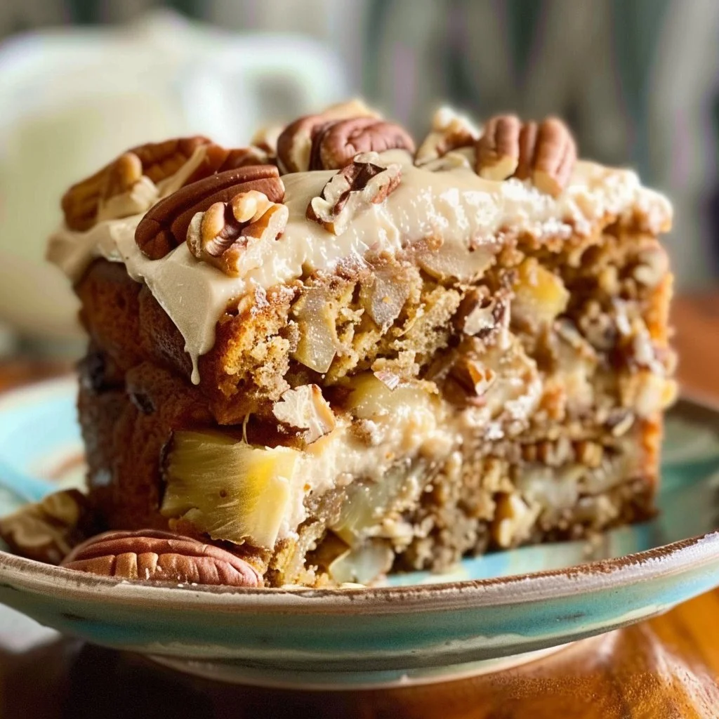 Slice of homemade Hummingbird Cake topped with cream cheese frosting and walnuts.
