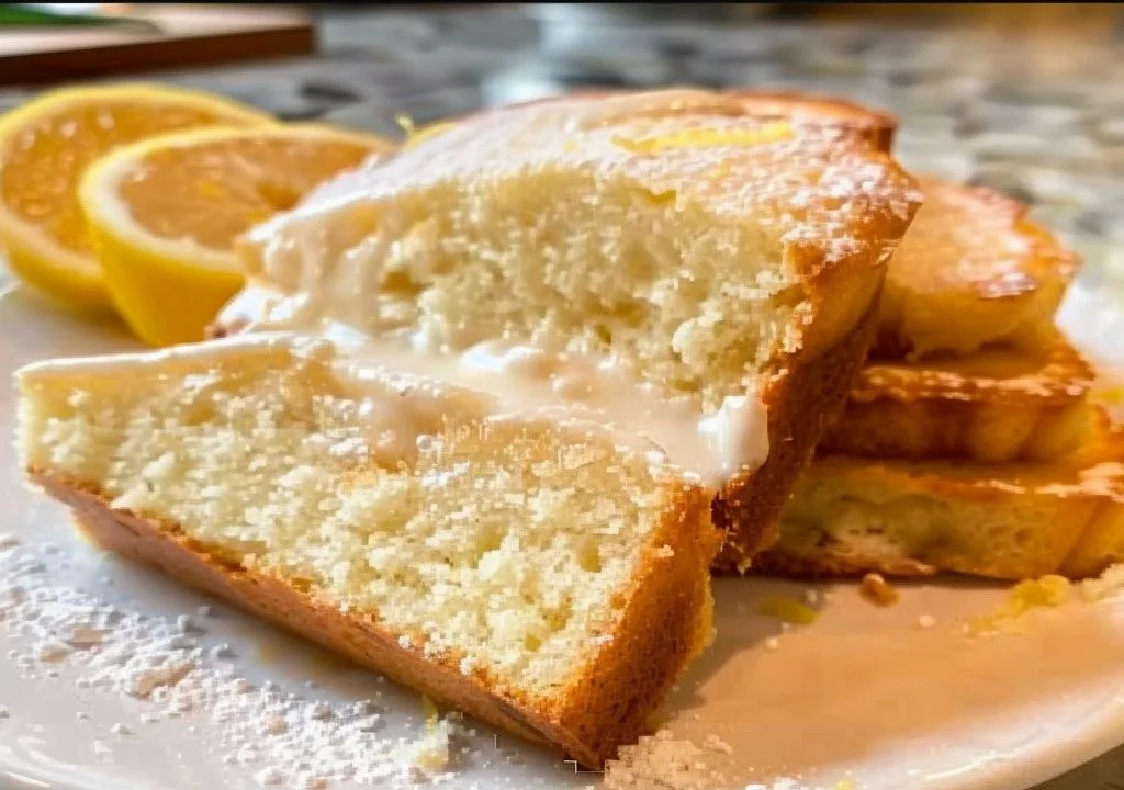 A delicious iced lemon pound cake garnished with lemon slices and icing.