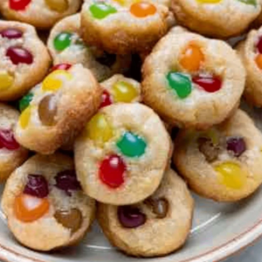 Colorful jelly bean sugar cookies on a plate, great for celebrations.