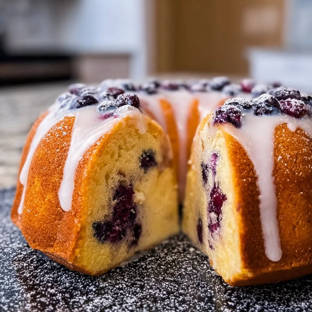 Delicious lemon blueberry bundt cake topped with fresh blueberries and lemon icing.