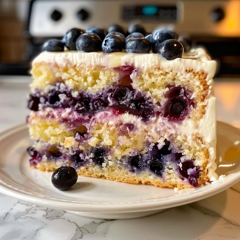 Lemon Blueberry Layer Cake decorated with fresh blueberries and lemon slices