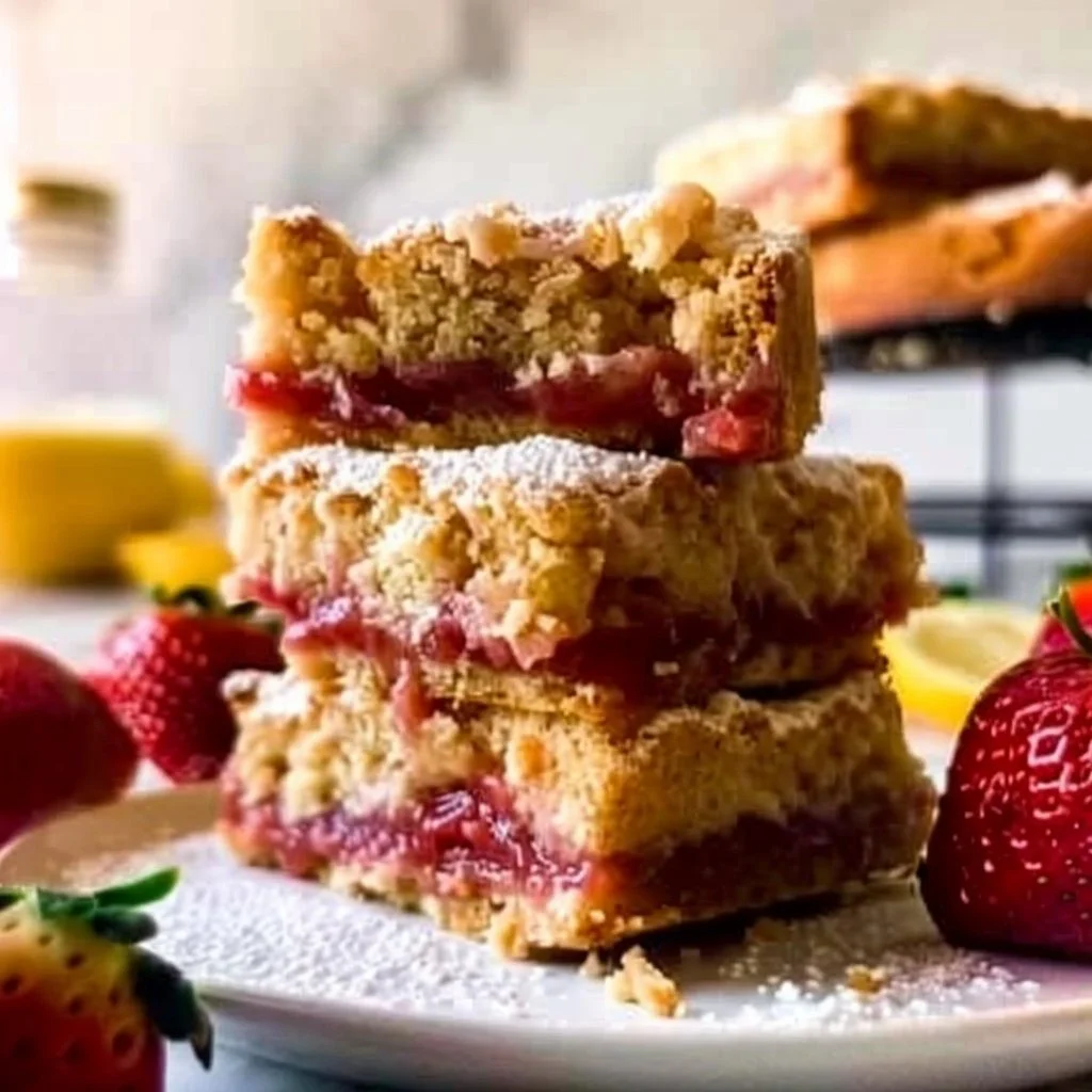 Lemon Strawberry Crumb Bars with fresh strawberries and lemon zest on a plate
