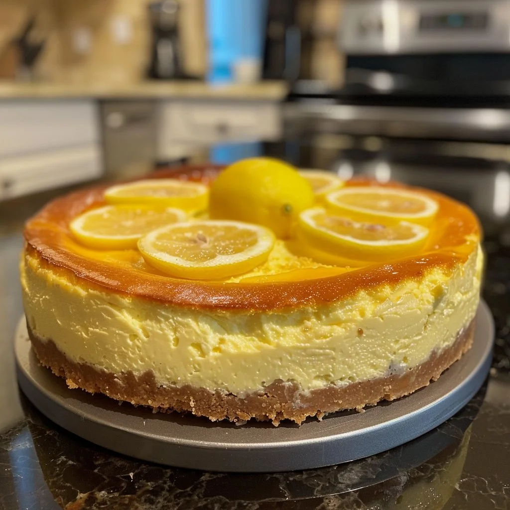 Slice of low-carb lemon cheesecake on a plate with lemon garnish