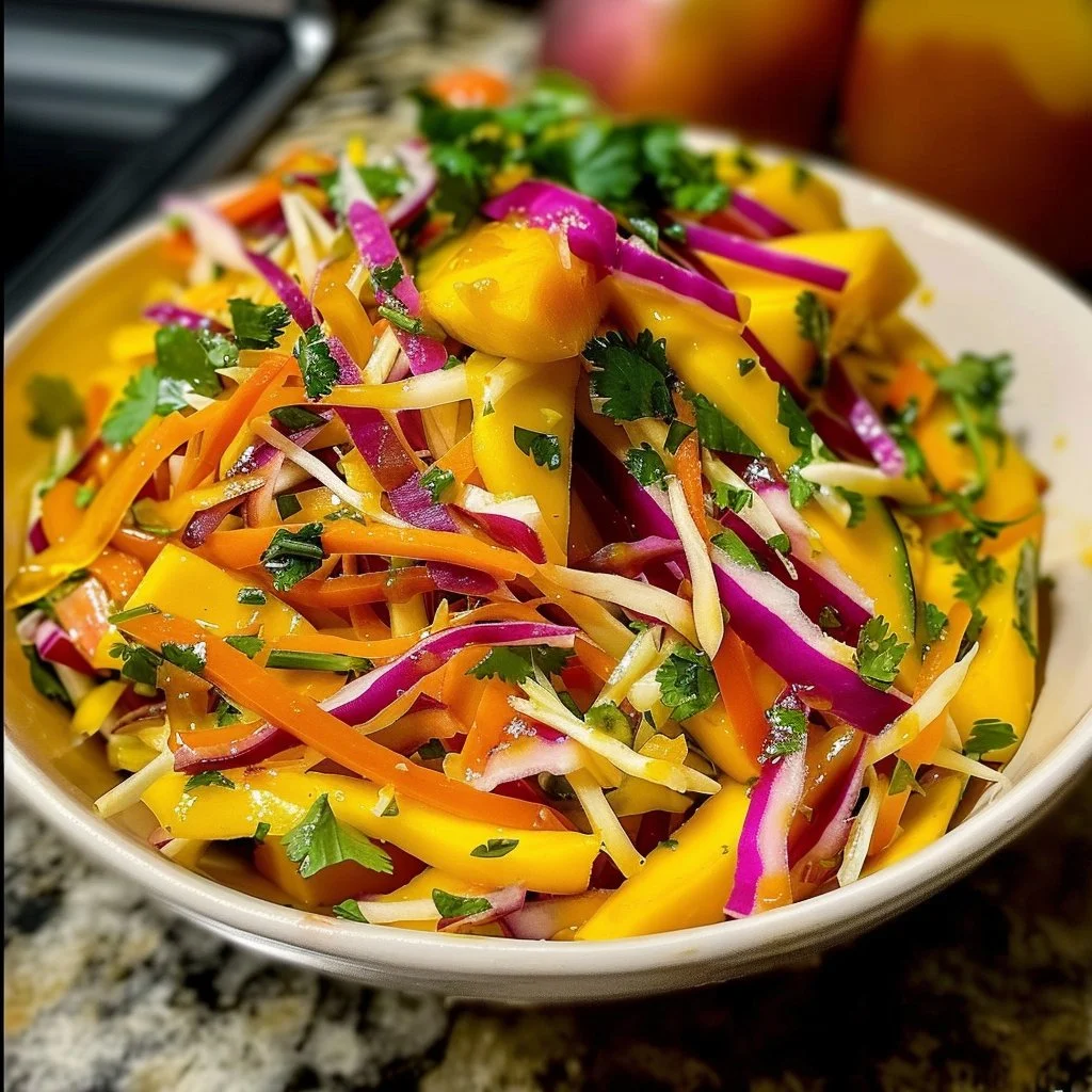 Colorful mango slaw with vibrant vegetables and a tangy dressing