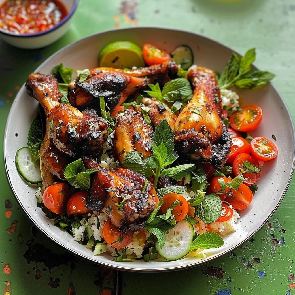 Maple and Harissa Chicken Wings with Tabbouleh on a serving platter