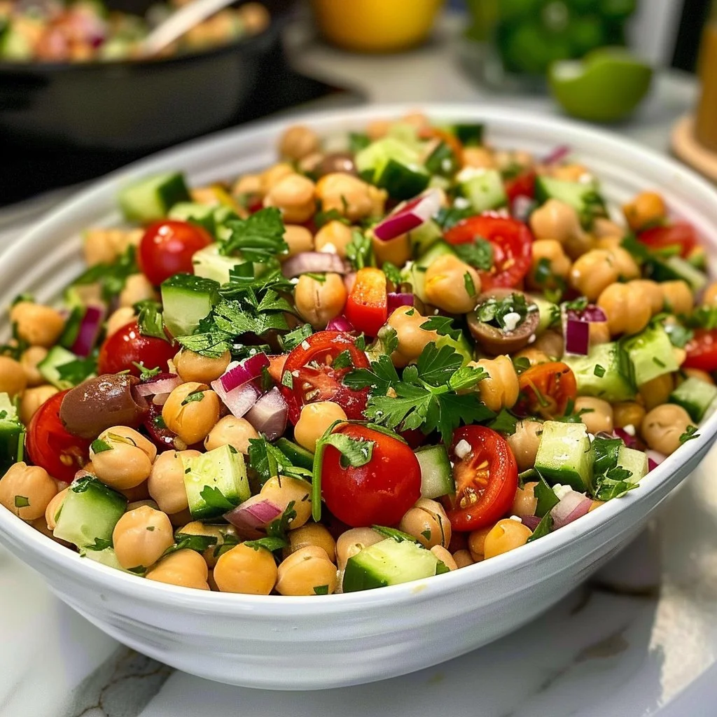 Colorful Mediterranean Chickpea Salad with fresh vegetables and herbs